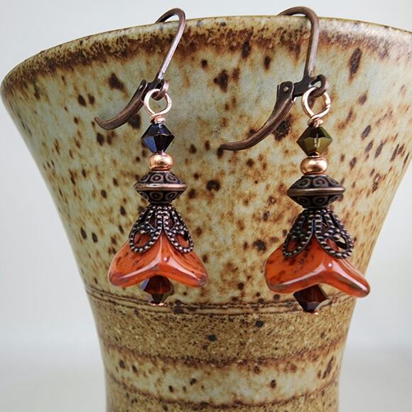 Earthy Orange Bell‎ Flower, Leverback Earrings, Beautiful Fall Flower Earrings - Picture 1 of 7